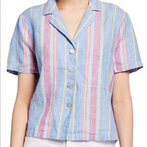 FRAME Linen Striped Chest Pocket Cropped Shirt M